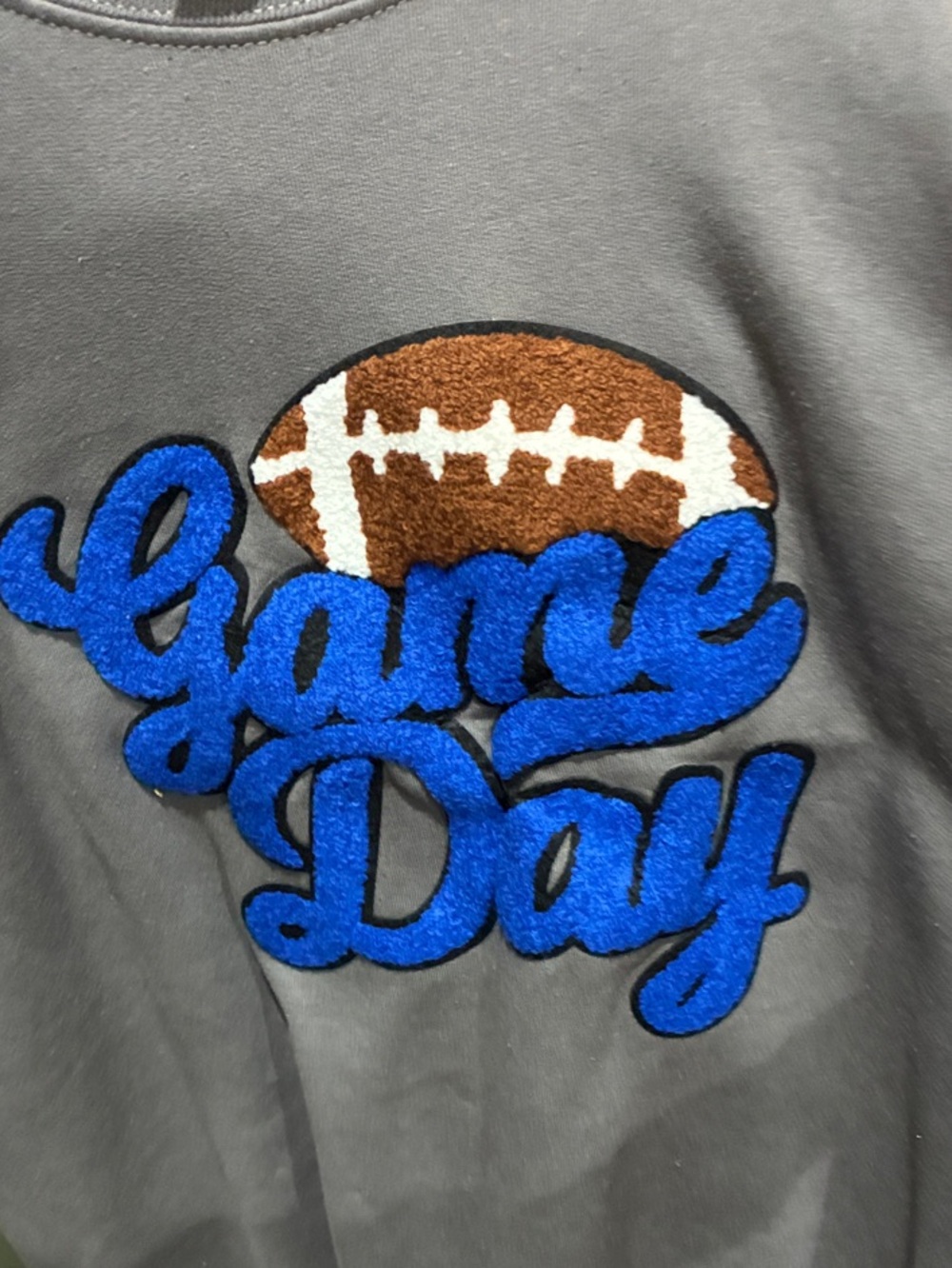 NEW Gildan Gray Blue Chenille Football Applique Game Day Sweatshirt